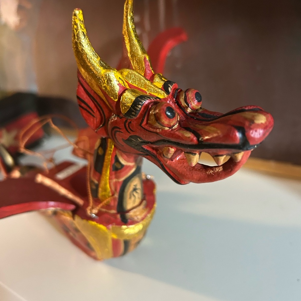 Vtg 90s 11" Dragon Naga Flying Hanging Green/Gold Handmade Wooden Bali Folkart